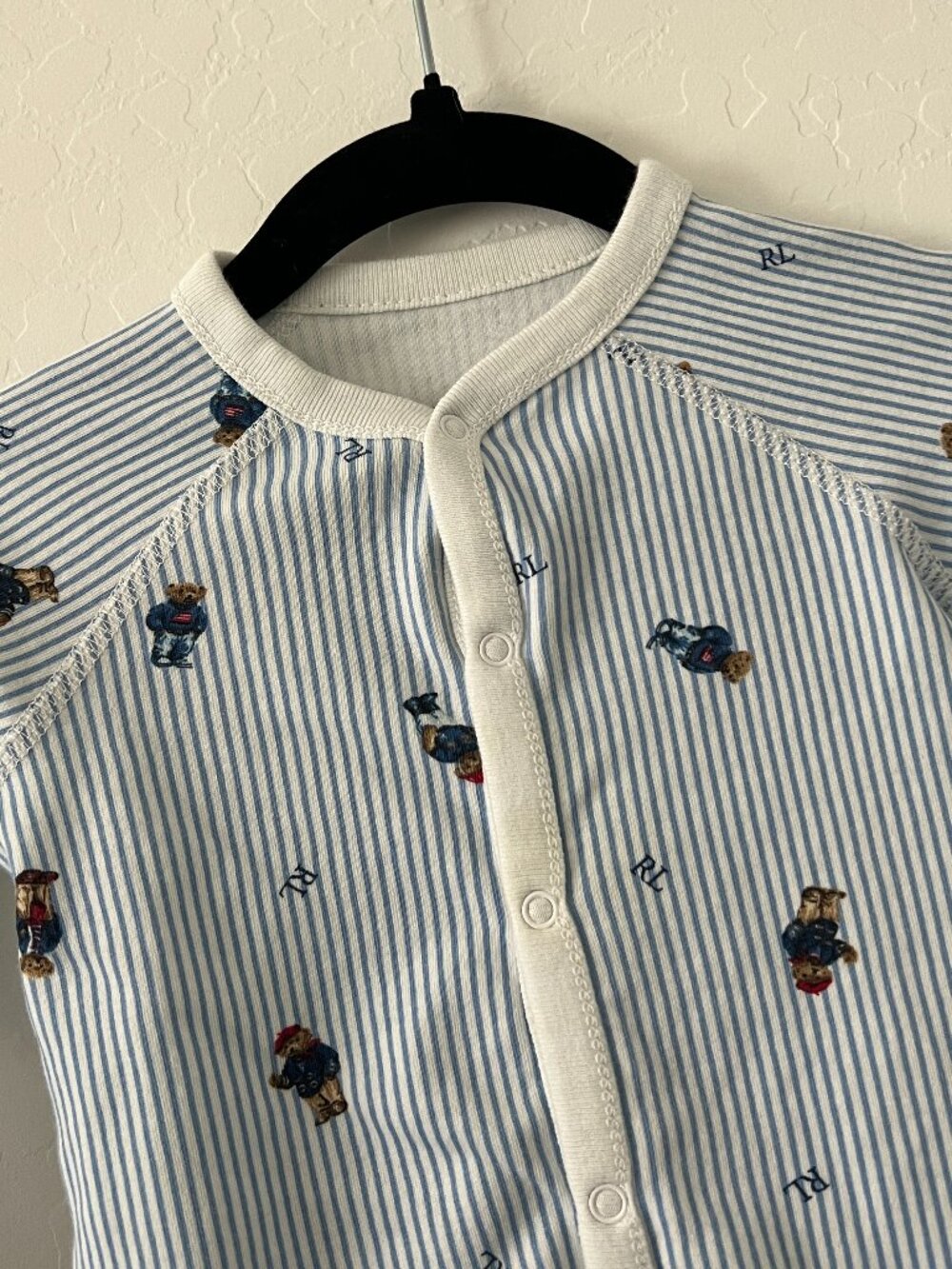 Ralph Lauren Baby Sleeper Blue Stripe Polo Bear Footed Pajamas Cotton 6M